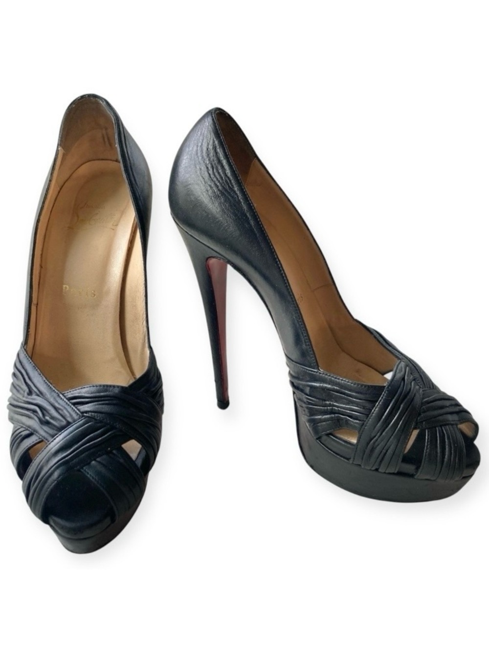 Christian Louboutin Aborina 150 Black Nappa Leather Peep Platform Pump Heels 38